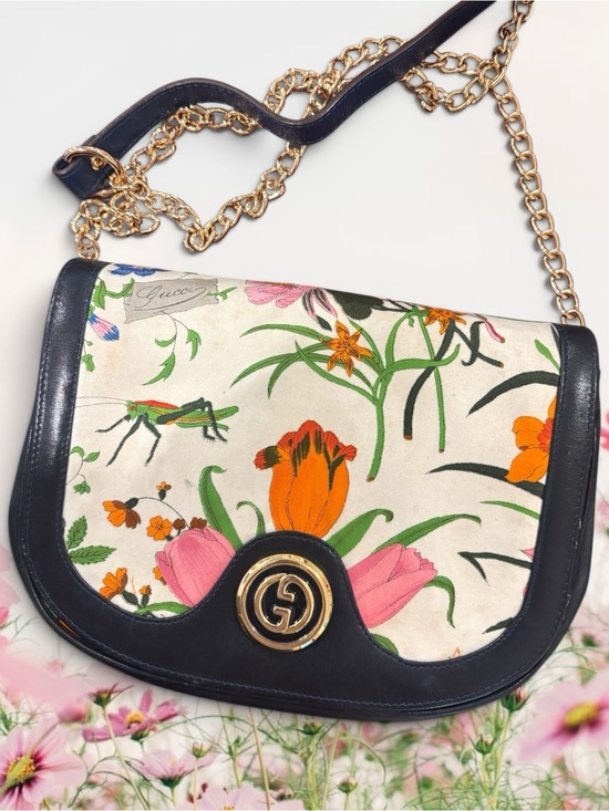 Gucci Handbags - GUCCI CROSSBODY NAVY GOLD FLORA BLOOMS GRASSHOPPER BUTTERFLY